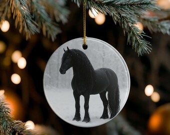 Friesian Horse Ornament, Black Friesian Christmas Ornament, Ceramic Horse Lover Gift, Equestrian Decor, Elegant Holiday Keepsake