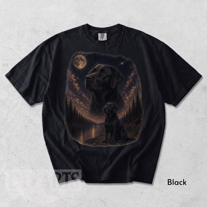 Puede incluir: Camiseta negra con una ilustraci&oacute;n detallada de un Labrador Retriever negro bajo un cielo estrellado con luna llena. El dise&ntilde;o incluye un retrato m&aacute;s grande y una imagen m&aacute;s peque&ntilde;a del perro cerca de un lago y &aacute;rboles.