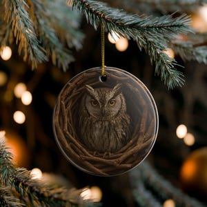 Adorno de cerámica de búho del bosque, decoración rústica para el hogar, adorno navideño de cabaña de invierno, regalo para amantes de la naturaleza, adorno de nido en rama de árbol