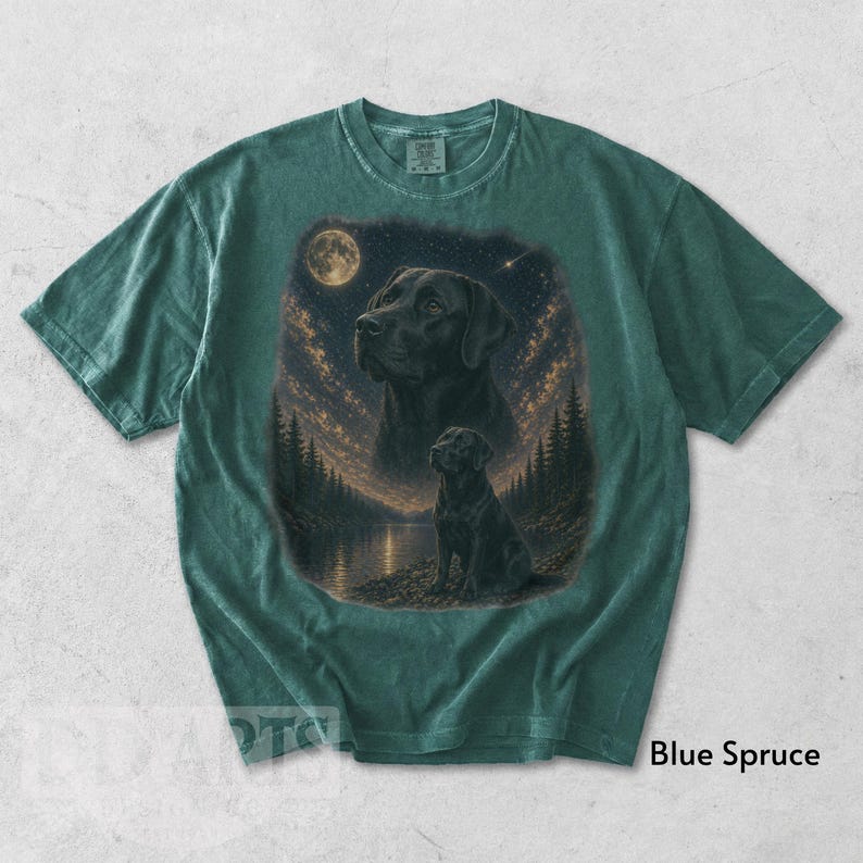 Puede incluir: Camiseta azul abeto con un gr&aacute;fico de un Labrador Retriever negro bajo un cielo estrellado y una luna llena. El dise&ntilde;o incluye una silueta de perro junto a un lago y &aacute;rboles. La camiseta tiene un corte holgado.