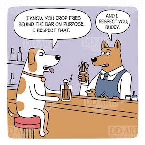 Funny Dog Bartender Cartoon Print, Dog and Bar Art, Pet Humor Digital Download, Bar Decor, Dog Lover Gift, National Bartender Day Poster