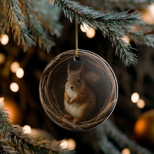 Woodland Squirrel Ceramic Ornament, Rustic Nature Christmas Decor, Animal Ornament for Tree, Cozy Winter Cabin Style Holiday Keepsake