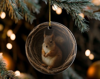 Woodland Squirrel Ceramic Ornament, Rustic Nature Christmas Decor, Animal Ornament for Tree, Cozy Winter Cabin Style Holiday Keepsake