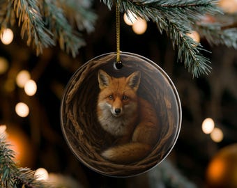 Woodland Fox Ceramic Ornament, Rustic Nature Christmas Decor, Cozy Forest Animal Ornament, Holiday Keepsake Gift For Nature Lovers