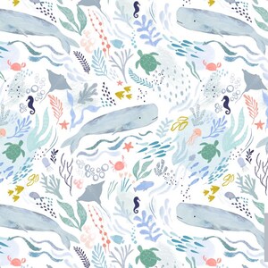 May include: A seamless pattern featuring a white background with blue whales, sea turtles, seahorses, starfish, and other sea life in shades of blue, green, pink, and yellow.