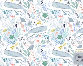 Naadloze onderwaterpatroon zeedieren, walvissen naadloos patroonontwerp voor commercieel gebruik, kwallen, walvis herhalen tegels, witte achtergrond