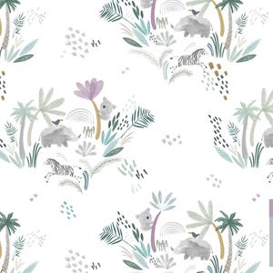以下が含まれることがあります： グレーのサイ、シマウマ、コアラ、ヤシの木、緑、青、紫の色合いの熱帯植物が描かれた、幻想的なジャングルのシーンを特徴とするシームレスなパターン。生地、壁紙、包装紙に最適です。