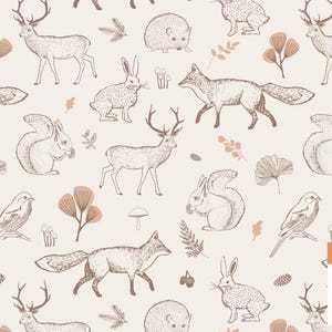Waldtiere Musterdesign, Igel, Kinder Nahtlos, Wald-Wiederholungskachel, Gedämpfter Neutraler Erdton, Muster Kindermode Wald