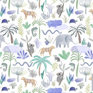 Wildtiere Safari Nahtloses Muster, Dschungeltiere Aquarell, für kommerzielle Nutzung, afrikanisches Rapportmuster, nicht exklusive Lizenz, Nilpferd
