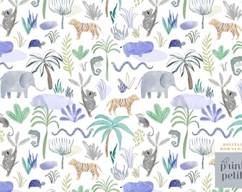 Wilde dieren safari naadloos patroon, jungledieren aquarel, voor commercieel gebruik, Afrikaans herhalingspatroon, niet-exclusieve licentie, nijlpaard