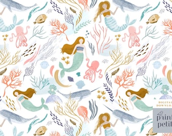 Boho zeemeermin naadloos patroon, zeemeermin naadloze herhaling, schattige zeemeermin op witte achtergrond, octopus, narwal, pastel koraalrif, 300 dpi