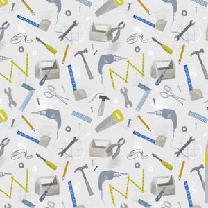 May include: A seamless pattern featuring a variety of tools, including a hammer, saw, wrench, screwdriver, tape measure, and pencil. The tools are illustrated in a watercolour style on a light grey background.