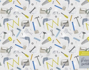 May include: A seamless pattern featuring a variety of tools, including a hammer, saw, wrench, screwdriver, tape measure, and pencil. The tools are illustrated in a watercolour style on a light grey background.