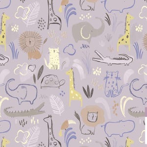 Pastel Animal kingdom, file digitale con motivo senza cuciture della giungla viola, design ripetuto estivo per bambini, non esclusivo, giraffa, ghepardo di contorno