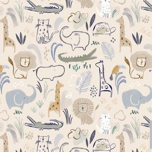 Modèle sans couture safari animaux mignons, peint à la main, motif tissu sans couture safari jungle, illustrations bébé garçon, lions bohèmes, girafe, enfants.