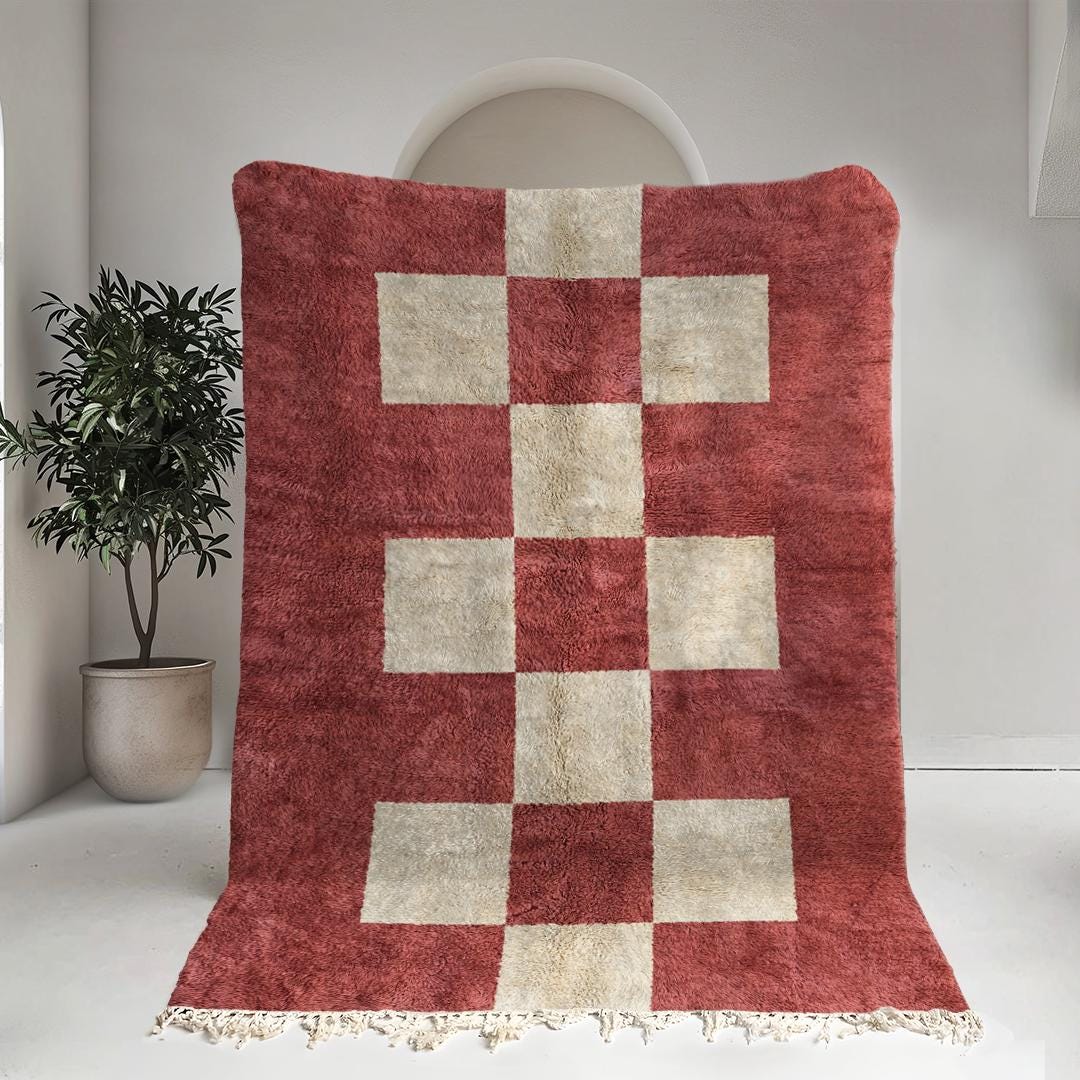 Handmade Red Checkered Rug is a Moroccan Rug 8x10 With a Red Beni ...