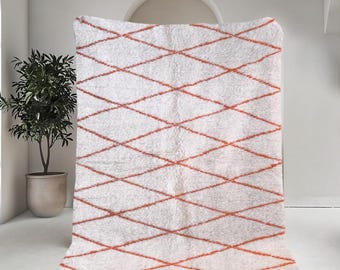 Orange Lozenge Moroccan Rug 8x10, Berber Rug, Orange Wool Rug, Farmhouse Rugs 8x10, Beni Ourain Rug, 8x10 Rug Neutral, Moroccan Handmade Rug