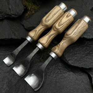 Hand-Forged Wood Gouges. 52100 Carbon Steel Blade, Ergonomic Handle, Ash Wood, Leather Roll. Spoons, Bowls, Cups Carving Tools. Holiday Gift