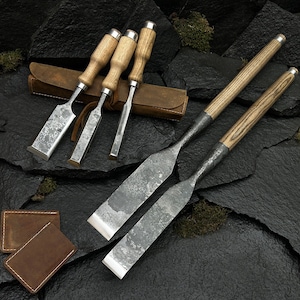 Set of 5 Woodworking Chisels - 52100 Steel Blades, Ash Wood Handles, Leather Sheaths. Hand Forged Chisels for Wood Projects. Holiday Gift.