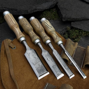 Forged Bevel Edge Chisels – 52100 Carbon Steel Blades (14 mm 20 mm 25 mm 38 mm) | Ash Wood Handles | Leather Sheath | Joinery, Carving Tools