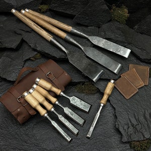 8-Piece Woodworking Chisels Set - 52100 Steel Blades, Ash Wood Handles, Leather Sheaths. Timber Chisels for Wood Projects. Gift for Husband.