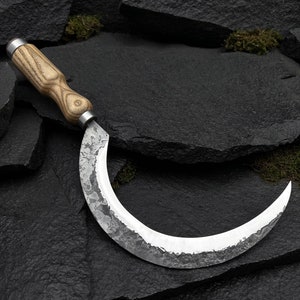 Hand Forged Big Sickle - 52100 Steel Blade, Ergonomic Ash Handle, Leather Sheath. Gardening Sickle for Clearing Overgrowth. Gift for Men.