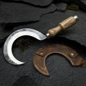 Forged Sickle - Carbon Blade, 52100 Steel, Ergonomic Ash Handle, Leather Sheath. Sickle for Harvesting. Ritual Knife for Ceremonies. Gift