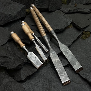 5 PCS Woodworking Chisel Set - 52100 Carbon Steel Blades, Ash Handles, Leather Sheaths. Hand Forged Chisels for Wood Projects. Holiday Gift.