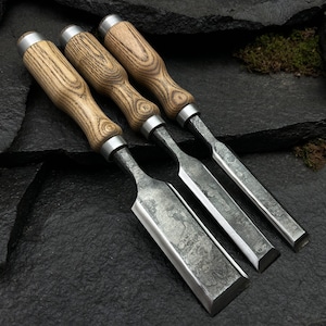 Hand-Forged Bevel Edge Chisels - 52100 Carbon Steel Blades, Ergonomic Ash Handles, Leather Sheath. Wood Carving Chisels. Gift for Husband.