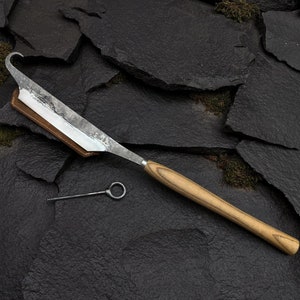 Hand Forged Stock Knife - 52100 Carbon Steel Blade, Ash Wood Handle, Leather Sheath. Carpentry Tool for Spoon Carving. Cloggers Knife. Gift.