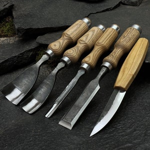 Set of 5 Spoon, Bowl Carving Tools - 52100 Carbon Steel Blades, Ergonomic Ash Wood Handles. Wood Carving Tools for Beginners. Gift for Wife.