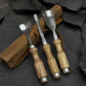 3-Piece Spoon Carving Tool Set - 52100 Carbon Steel Blades, Comfortable Ash Wood Handles, Leather Roll. Woodworking Gouges. Gift for Wife.