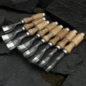 Hand Forged Bent Gouges. 52100 Steel Blades, Ergonomic Handles, Ash Tree, Leather Roll. Spoon Carving Tools for Beginners. Birthday Gift.