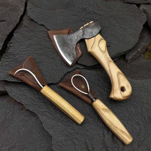 Carving Set for Wood Projects - 52100 Steel Blades, Ash Handles, Leather Sheaths. Hand-Forged Axe, Sloyd & Hook Knives. Gift for Carvers.