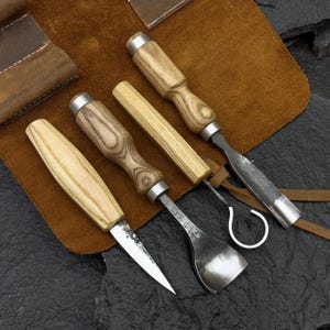 Set 4 PCS Spoon Carving Tools - 52100 Steel Blades, Ash Wood Handles, Leather Roll. Woodworking Tools. Tools for Carving Bowl. Gift for Dad.