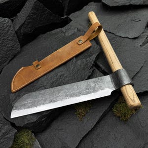 Splitting Froe – 52100 Steel Blade, Ash Wood Handle, Leather Sheath – Woodworking Projects. Forged Tool for Splitting Firewood. Holiday Gift