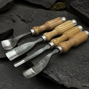 4-Piece Spoon, Bowl Carving Tool Set - 52100 Carbon Steel Blades, Ergonomic Ash Handles, Leather Roll. Wood Carving Gouges. Gift for Husband