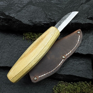 Wood Carving Knife – Hand-Forged 52100 Carbon Steel Blade | Octagonal Ash Handle | Optional Leather Sheath | Small Carving Knife for Wood