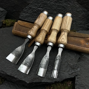 4-Piece Wood Carving Gouge Set. 52100 Steel Blades, Ergonomic Handles, Ash Tree, Leather Roll. Beginners Spoon Carving Tools. Birthday Gift.