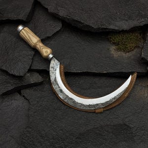 Forged Big Sickle - 52100 Steel Blade, Ash Wood Handle, Leather Sheath. Gardening Sickle for Harvesting. Clearing Overgrowth. Gift for Dad.