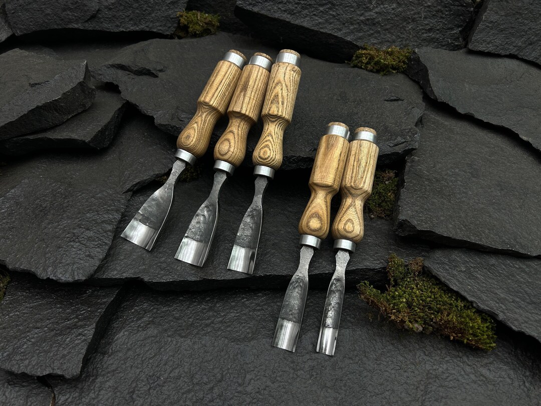 Hand-forged Carving Gouge Set 5 Pcs. 52100 Steel Blades, Ash Tree ...