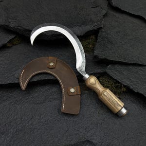 Forged Sickle. Carbon Steel Blade, 52100, Ergonomic Ash Handle, Leather Sheath. Garden Tool for Harvesting. Boline Sickle. Gift for Gardener