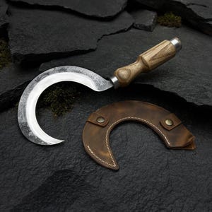 Forged Sickle - Carbon Blade, 52100 Steel, Ergonomic Ash Handle, Leather Sheath. Sickle for Harvesting. Ritual Knife for Ceremonies. Gift