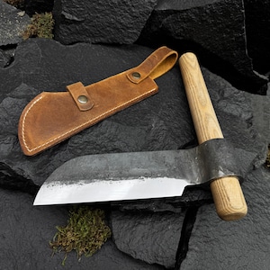 Small Splitting Froe – Carbon Steel Blade, Ash Wood Handle, Leather Sheath. Tool for Firewood. Carpentry Froe for Wood Project. Holiday Gift