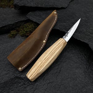 Hand-Forged Wood Carving Knife: Carbon Steel, Ash Handle, Leather Sheath
