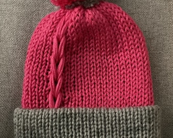 Handcrafted Handmade Knitted Double-Layer Braided winter beanie hat with a pom-pom, child's size