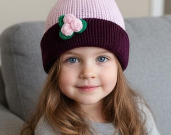 Hand-Knit Baby Beanie with Pom-Pom, Rosebud Detail, Toddler Winter Hat