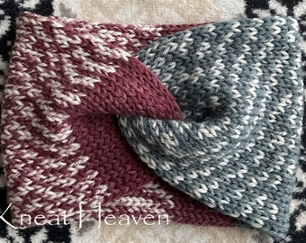 Knitted Handmade Earwarmer Twisted Headband Fair Isle Charcoal Maroon