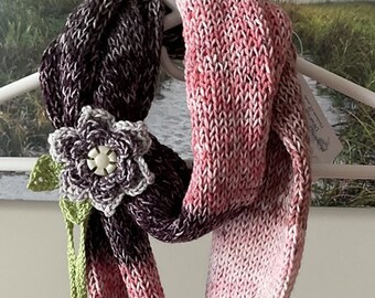 Handmade Knitted Infinity Scarf Necklace Handcrafted Warm w/Flower, Beads