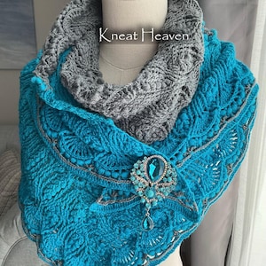 Hand Crocheted Shawl in Grey and Turquoise.